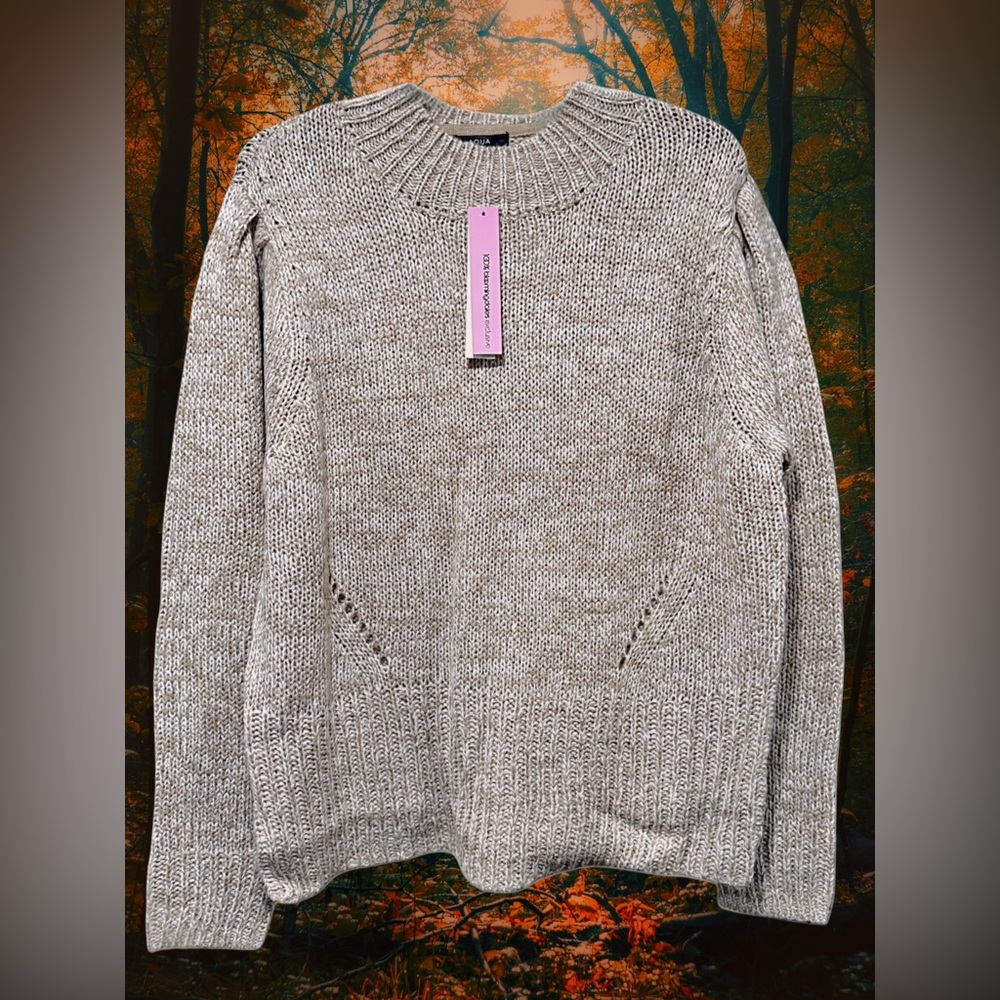 AQUA Curve Chunky Knit Sweater 1X – Oatmeal/Beige, Cozy Rib Neck, Plus